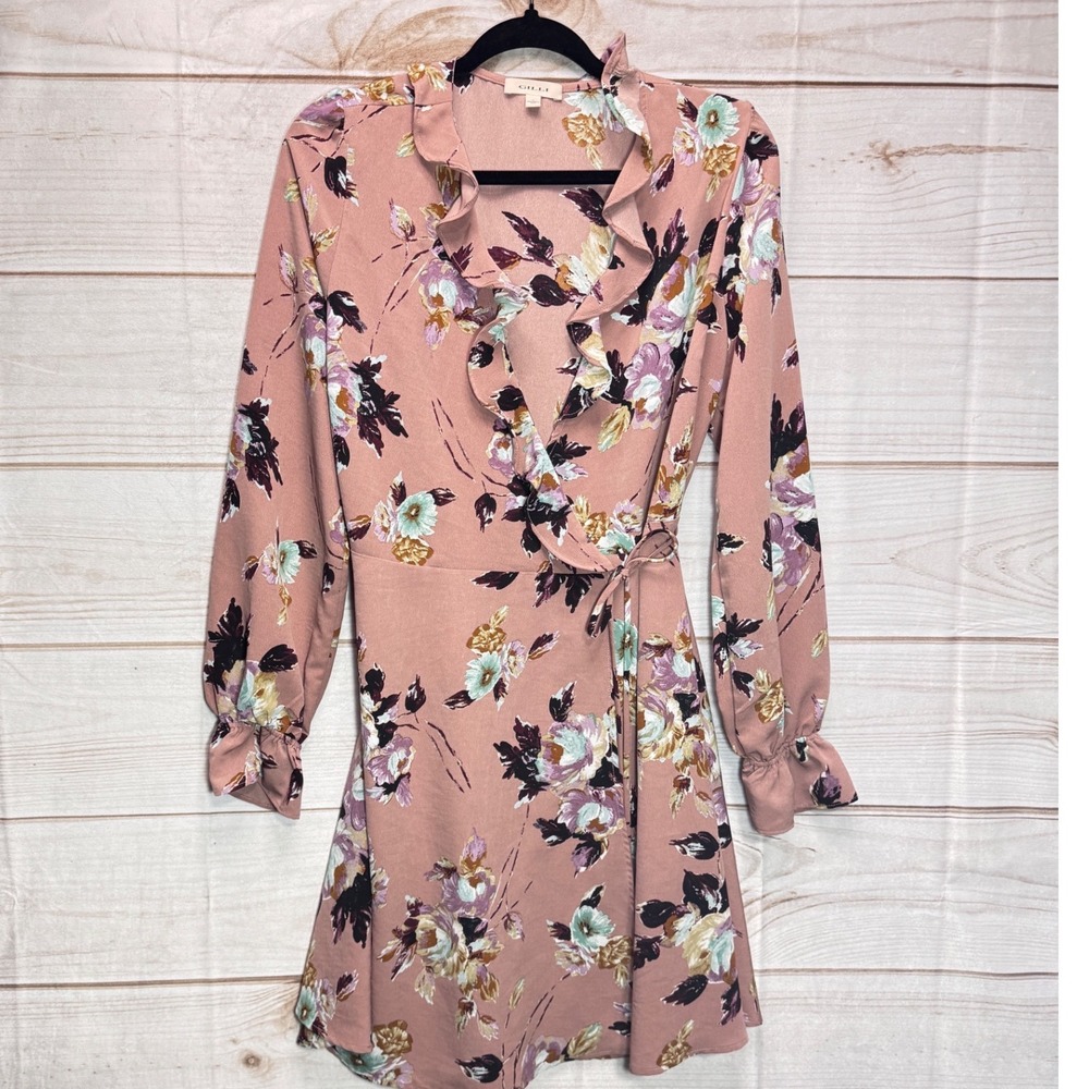 Gilli Womens Pink Floral Ruffle Wrap Mini Dress Long Sleeve V-Neck Size‎ Large